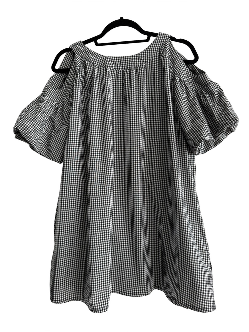 Saks Fifth Avenue S/P Black White Gingham Cold Shoulder Tunic Top Puff Sleeve
